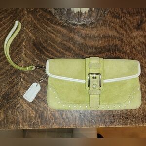 COACH Wristlet in pistachio green suede with white leather trim & hang tag